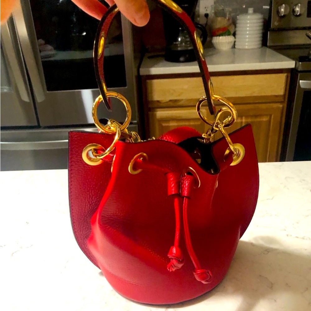 Made in Italy, red leather bucket purse